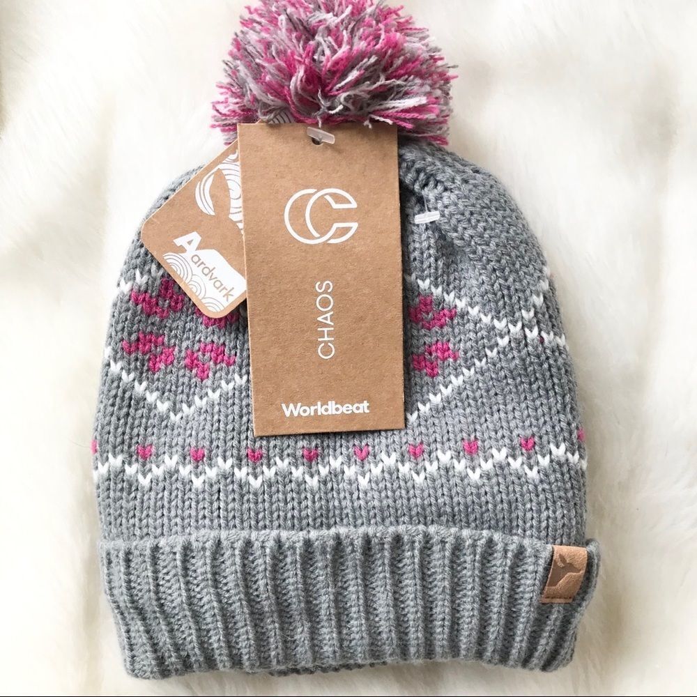New Aardvark Gray/Pink Harper Knit pompom Beanie